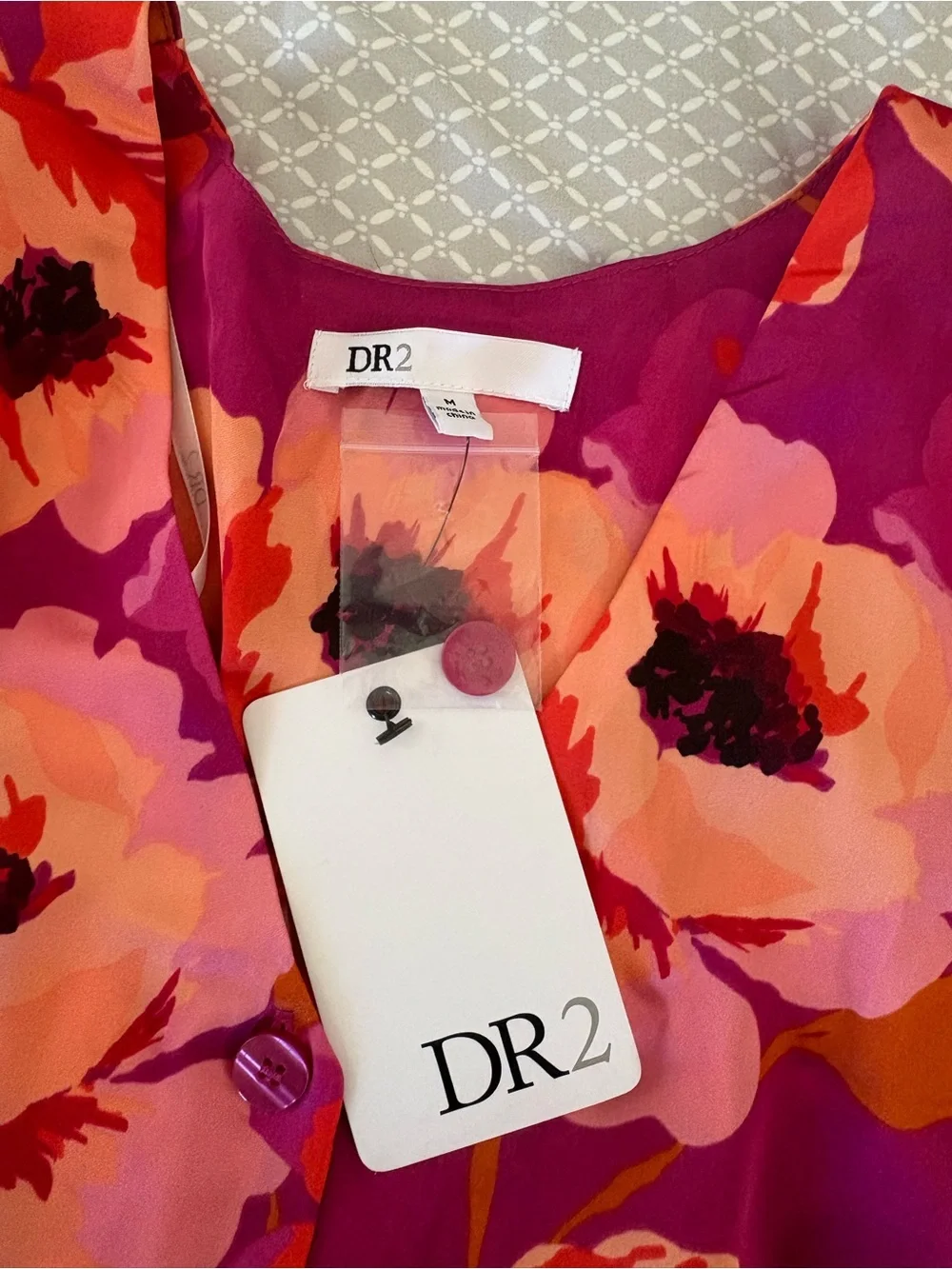 New Medium DR2 Orange Pink Floral Satin Tie Front Top